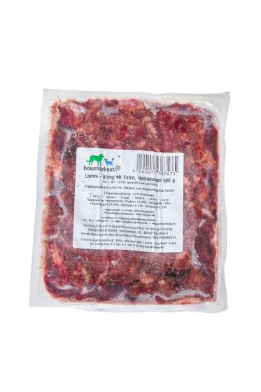 Lamm-Komplett Extra Hundefutter mit Innereien und Knochen, 500 g Packung.
