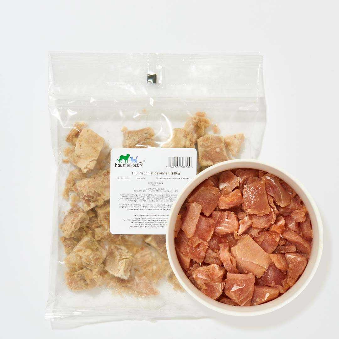 Thunfischfilet gewürfelt, 250 g, für Hunde und Katzen, reich an Omega-3 und Omega-6 Fettsäuren.