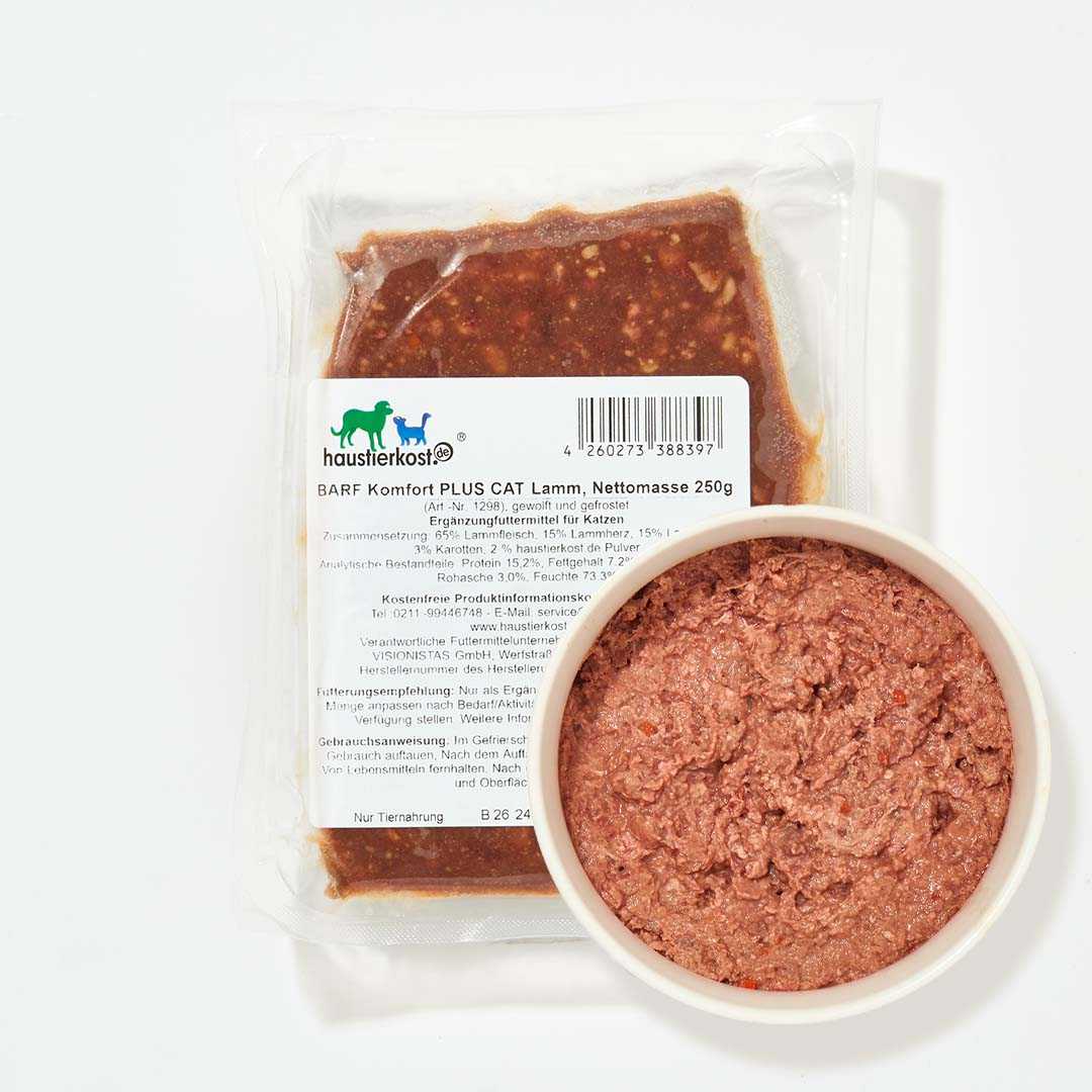 BARF Komfort PLUS CAT Lamm, 250 g, artgerechtes rohes Futter mit Lammfleisch, Karotten, Lammleber, Lachsöl