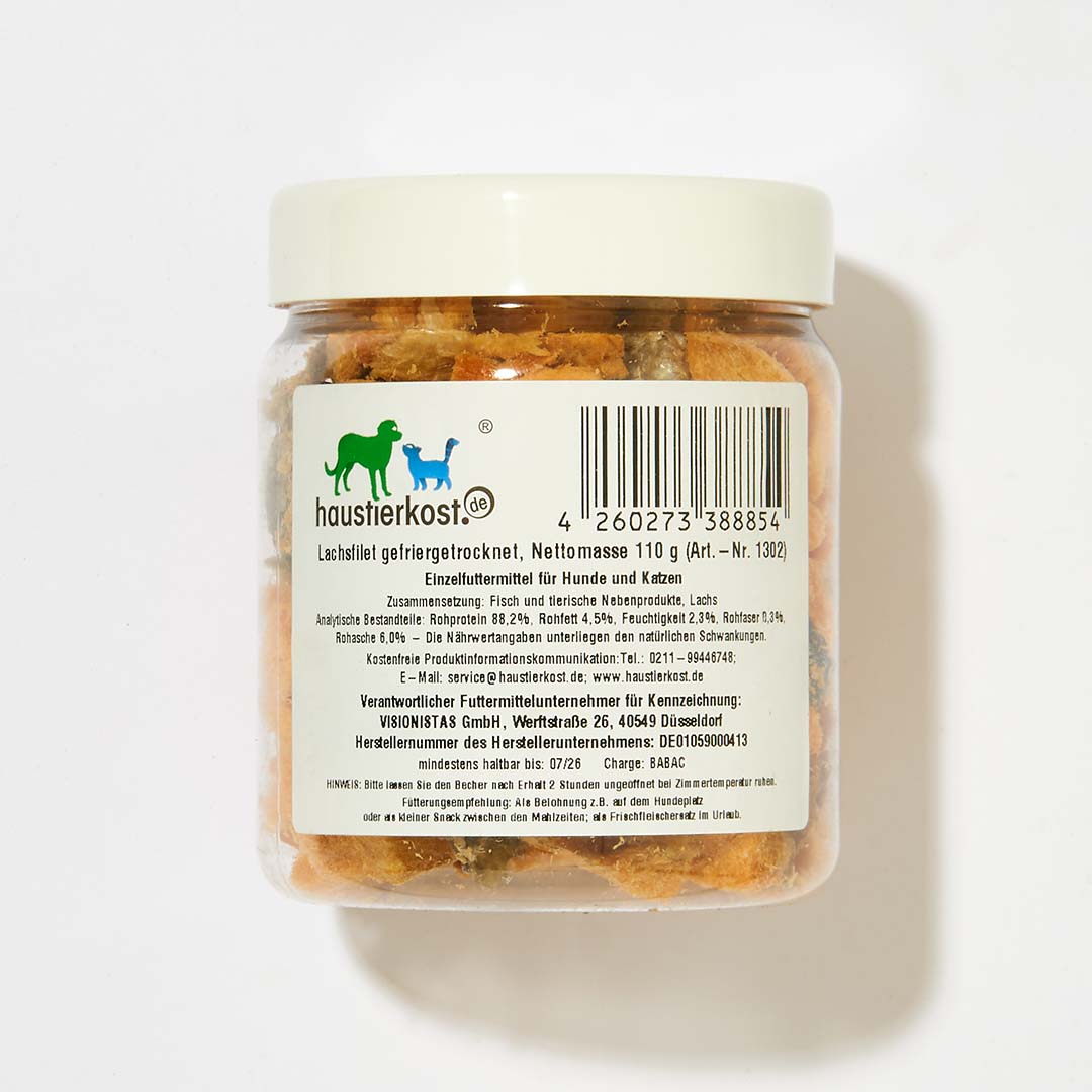 Gefriergetrocknetes Lachsfilet im Glas, 110 g, geeignet als Snack oder Frischfleischersatz für Hunde und Katzen.