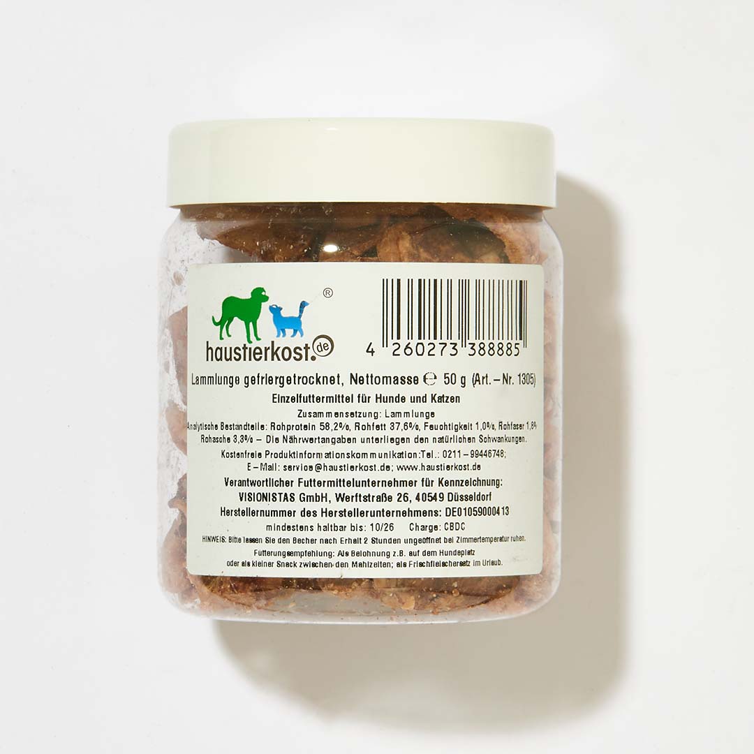 Gefriergetrocknete Lammlunge 50 g, ideal als Hundesnack oder Belohnung.