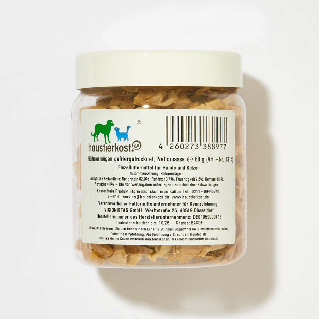 Gefriergetrocknete Hühnermägen im 60 g Kunststoffbehälter für Hunde und Katzen.