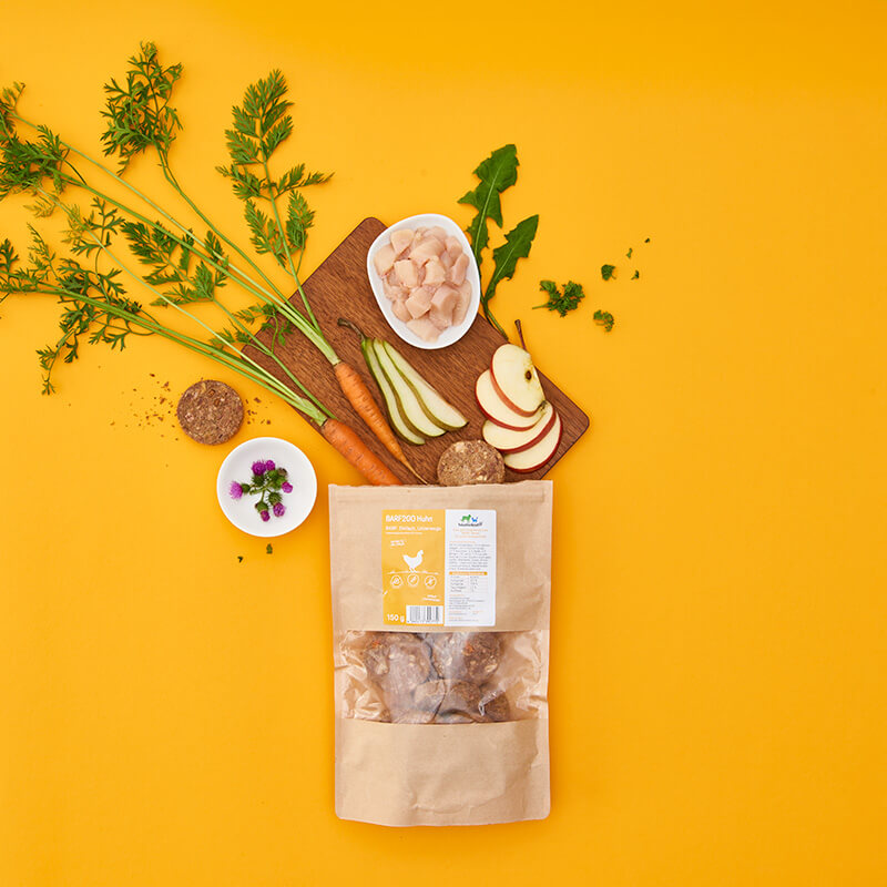 BARF2GO Komfort Plus Huhn Taler gefriergetrocknete Hundefutter-Snacks mit Gemüse und Früchten auf gelbem Hintergrund