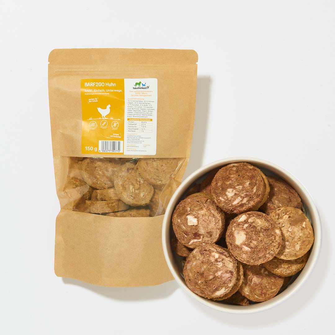 BARF2GO Komfort Plus gefriergetrocknete Huhn Taler für Hunde, 150 g, artgerechte und platzsparende Futterergänzung ohne Kühlung.