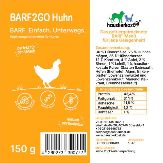 BARF2GO Komfort Plus Taler Kennenlernpaket, 3 x 150 g, bietet gefriergetrocknete Hundesnacks in den Sorten Huhn, Rind und Lamm, ideal für unterwegs und platzsparend.