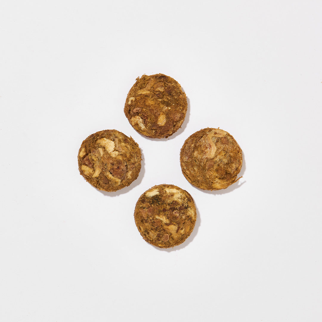 Gefriergetrocknete BARF2GO Komfort Plus Rind Taler für Hunde, 150 g, als praktische, geruchsarme und platzsparende Futterergänzung unterwegs oder im Urlaub.