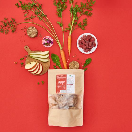 BARF2GO Komfort Plus Rind Taler, 150 g, gefriergetrocknet für Hunde, ideal für unterwegs, vielseitig einsetzbar.