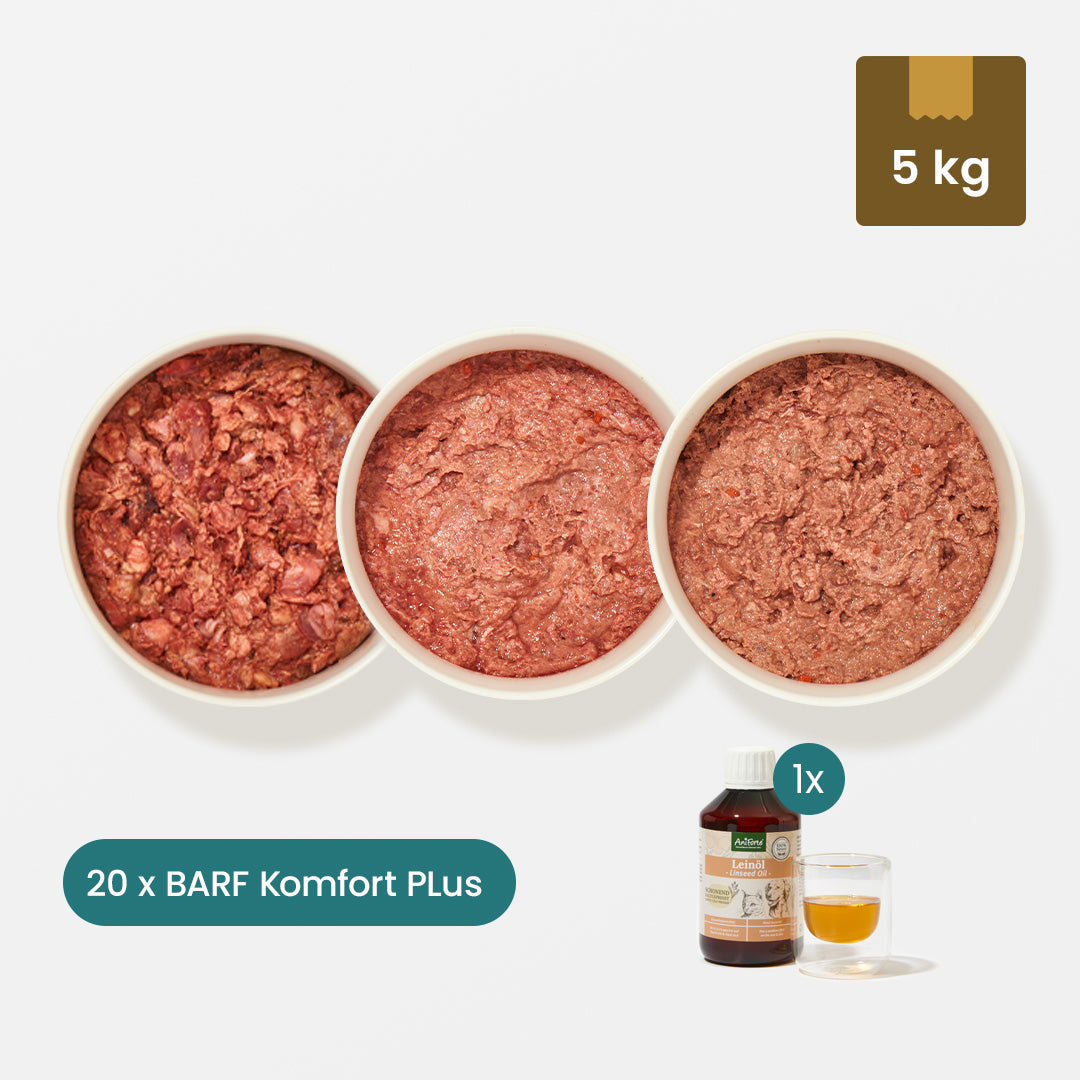 Probierpaket Katze 5 kg mit 3 BARF Komfort Plus Sorten Huhn, Rind, Lamm und Leinöl