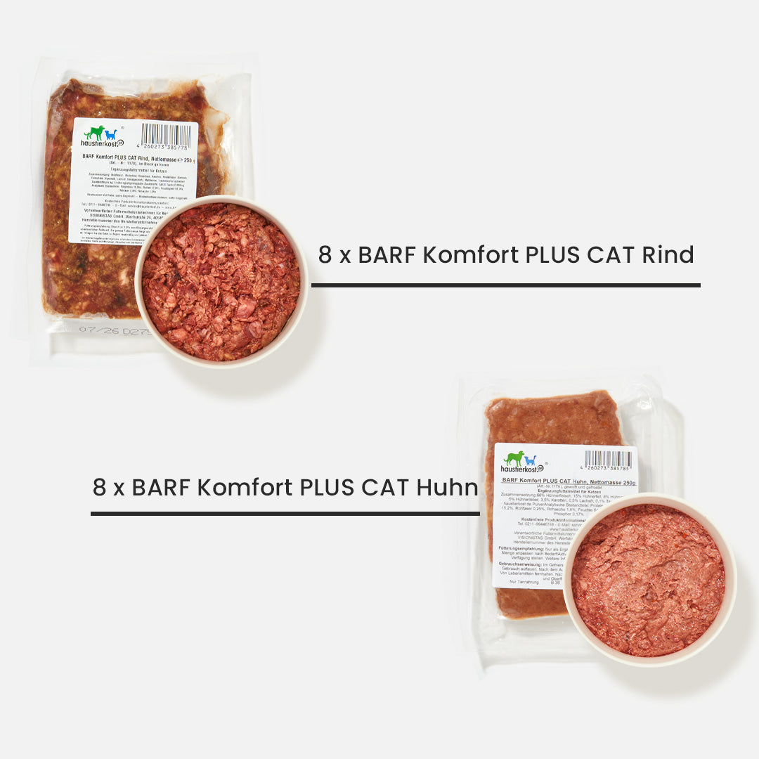 Probierpaket Katze 5 kg mit 3 BARF Sorten Huhn, Rind und Lamm sowie Leinöl zur Kostprobe für Katzen