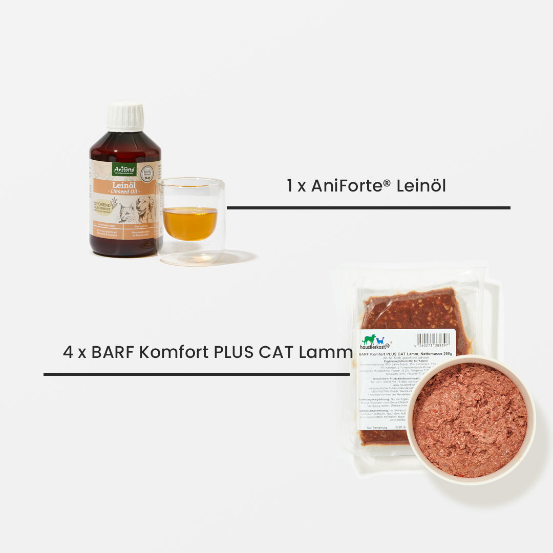 Probierpaket Katze 5 kg mit 4 x BARF Komfort PLUS CAT Lamm und 1 x AniForte Leinöl für artgerechte Katzenernährung