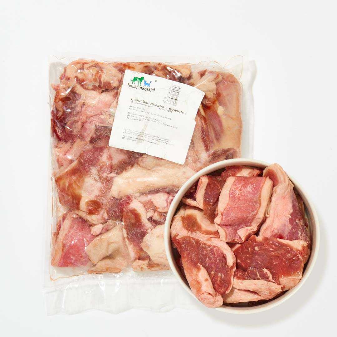 Lammbauchlappen gewürfelt, proteinreiches Fleisch, 1 kg Packung.