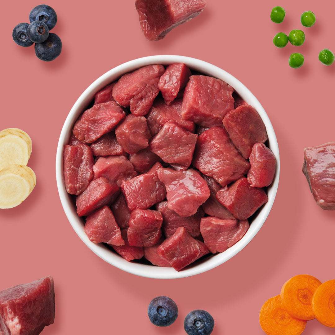 BARF Gourmet PLUS Rind: Saftige Fleischstücke mit Obst und Gemüse, perfekt portionierbar und allergikerfreundlich.