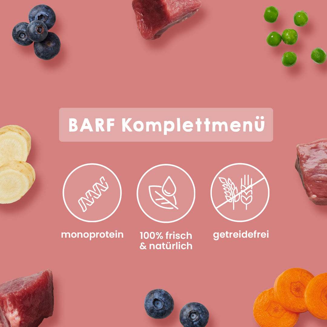 BARF Gourmet PLUS Rind, Monoprotein-Komplettmenü, getreidefrei, ideales BARF für Hunde, enthält Fleisch, Obst und Gemüse.