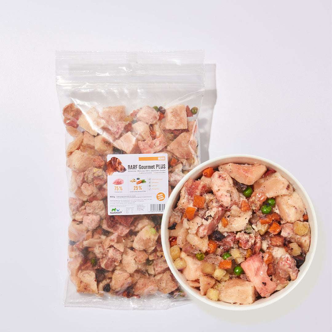 BARF Gourmet PLUS Huhn in wiederverschließbarer Tüte und Portion in Napf, bestehend aus Fleisch, Obst und Gemüse.