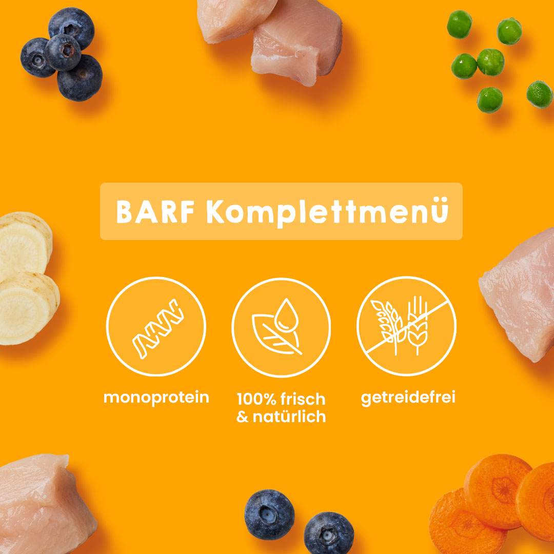 BARF Gourmet PLUS Huhn Komplettmenü mit Fleisch, Obst, Gemüse, Monoprotein, getreidefrei auf orangefarbenem Hintergrund.