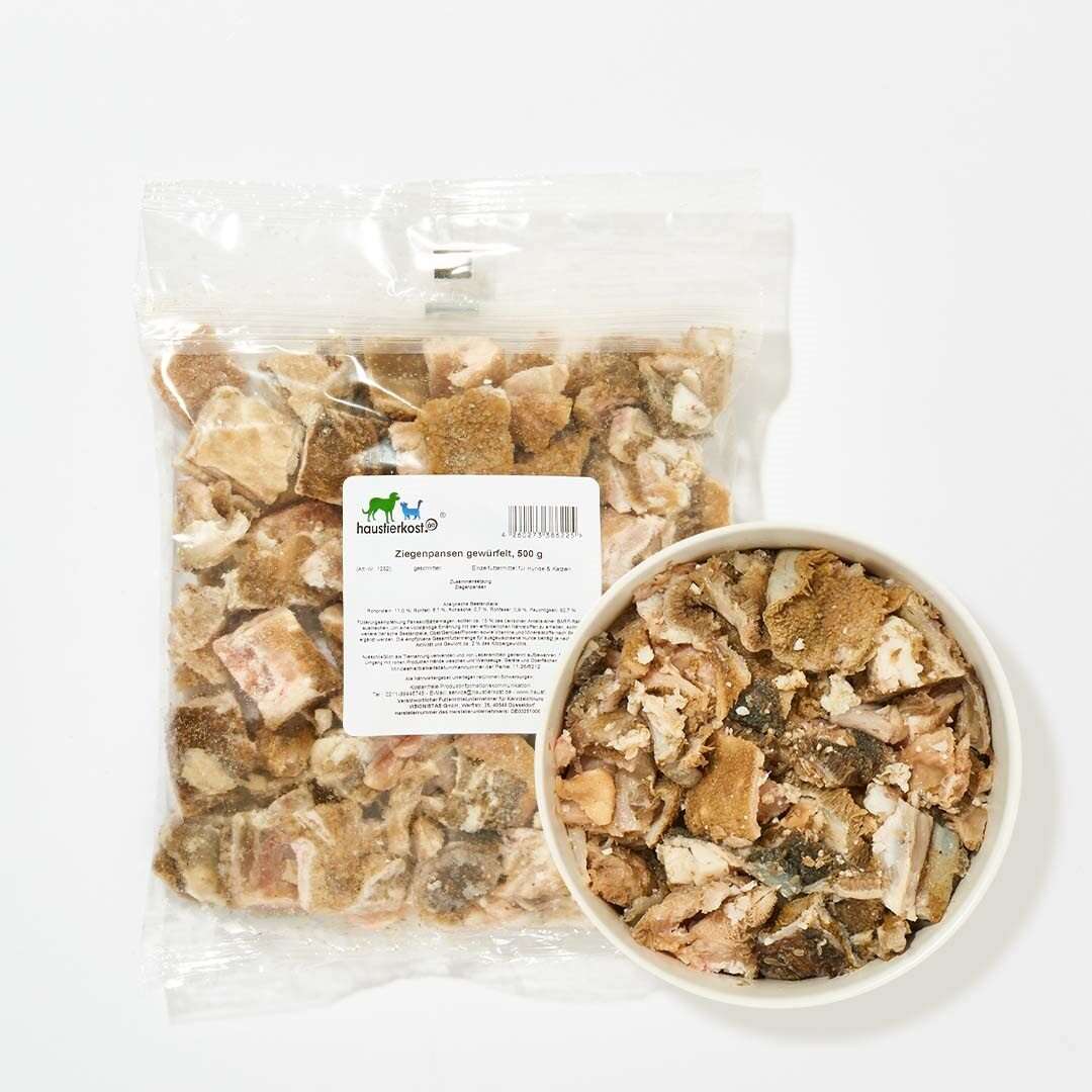 Ziegenpansen gewürfelt 500 g, ideale Delikatesse für Tiere mit Futtermittelallergien, reich an probiotischen Kulturen.