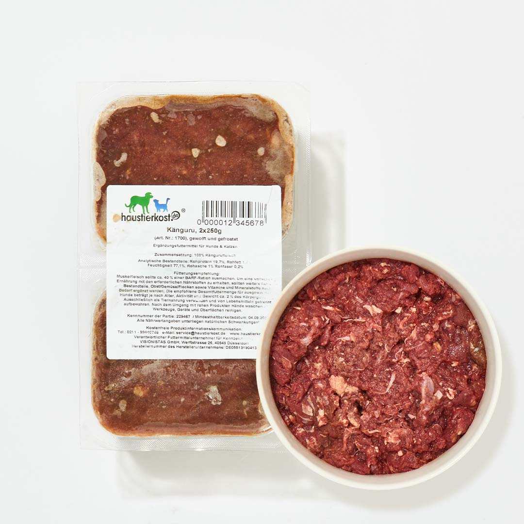 Kängurufleisch 500g Packung, 2 x 250g, gefrorenes Hundefutter mit natürlichem Sehnenanteil.
