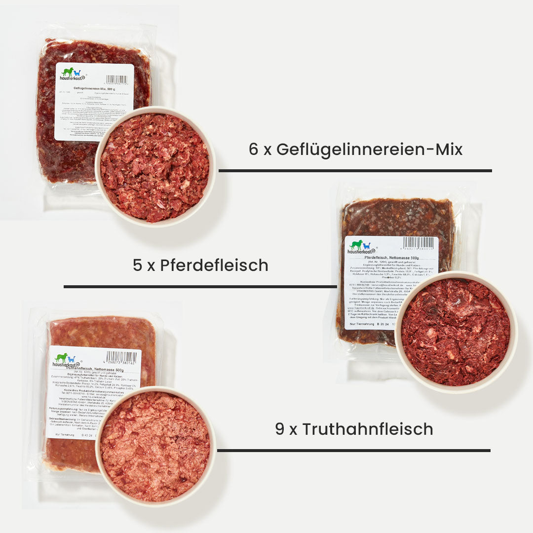 Paket aus Pferdefleisch, Truthahnfleisch und Geflügelinnereien-Mix für katzen mit Allergien, 15 kg Gesamtgewicht.