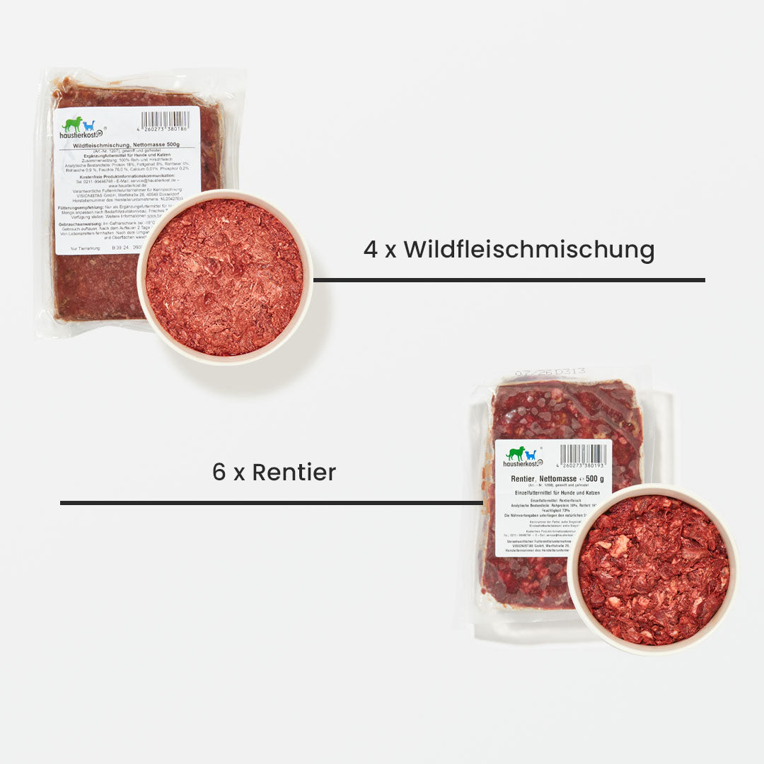 Katze Allergie Paket mit 15 kg, enthält Wildfleischmischung und Rentier.