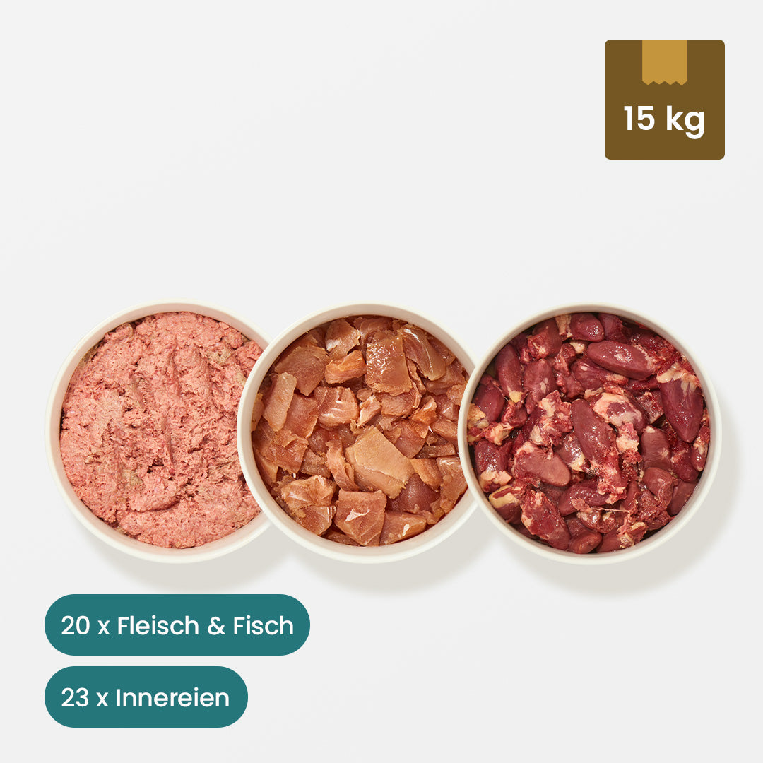 15 kg Paket Katzenfutter mit Fleisch, Fisch und Innereien in Schalen, ausgewogene Mischung für ausgewachsene Katzen