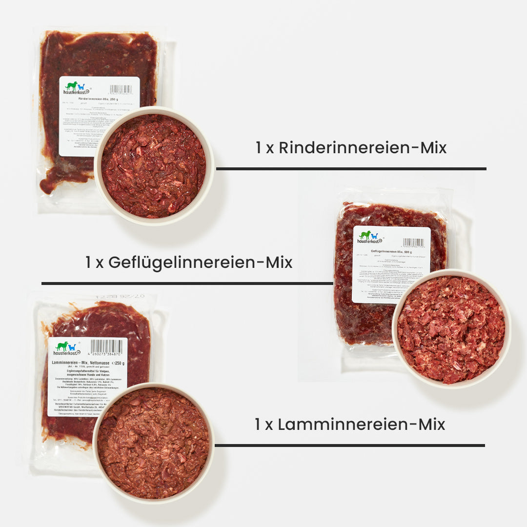 Paket Katze ausgewachsen 15 kg mit Rinder-, Geflügel- und Lamminnereien-Mix in einzelnen Verpackungen