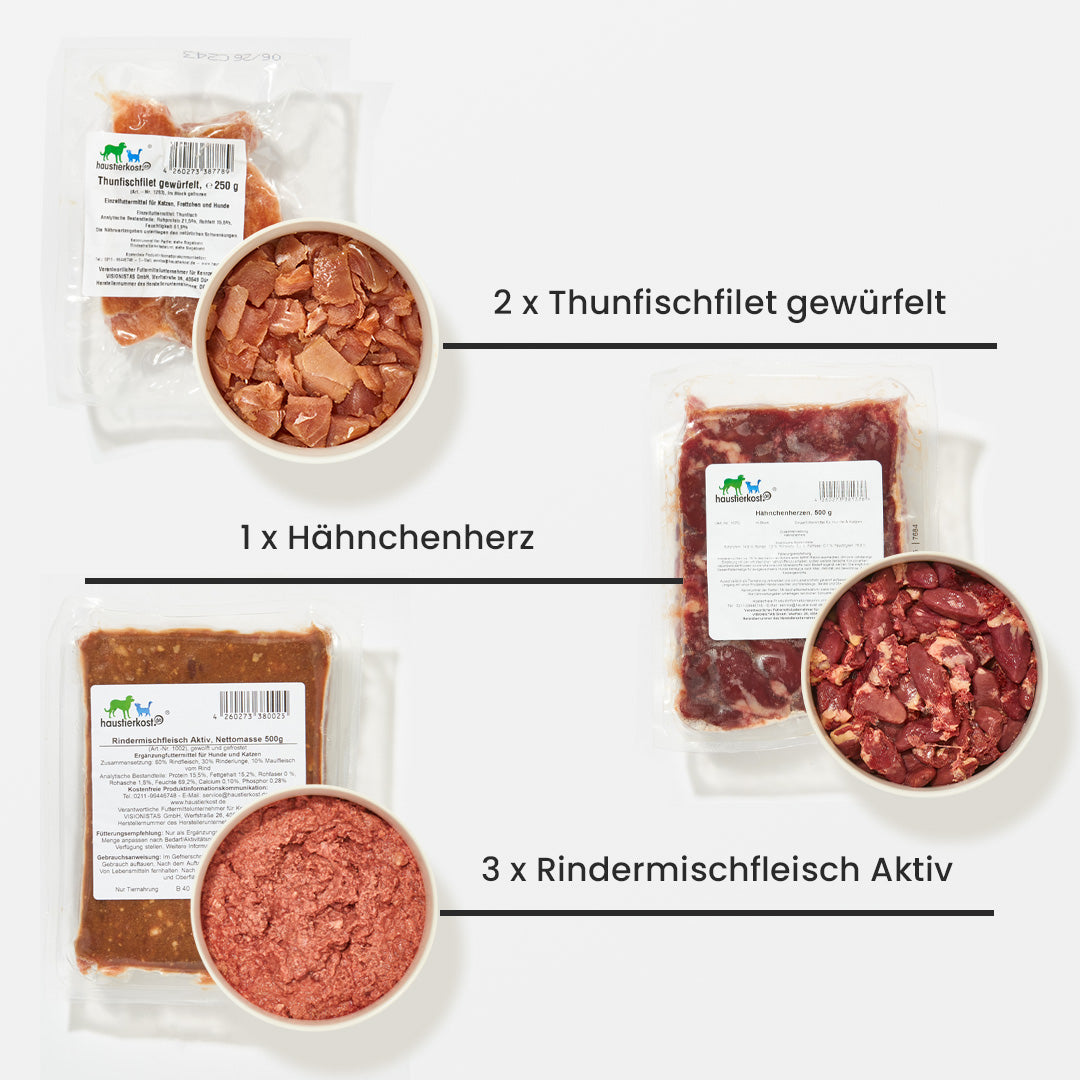 Paket Katze ausgewachsen 15 kg mit Thunfischfilet gewürfelt, Hähnchenherz und Rindermischfleisch Aktiv in Einzelverpackungen