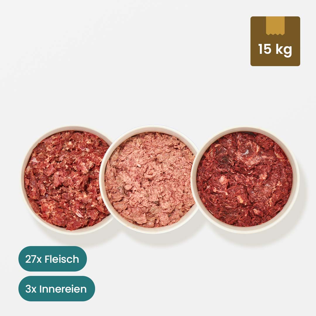 Paket Hund Allergie 15 kg mit 27 Portionen Fleisch und 3 Portionen Innereien für allergische Hunde