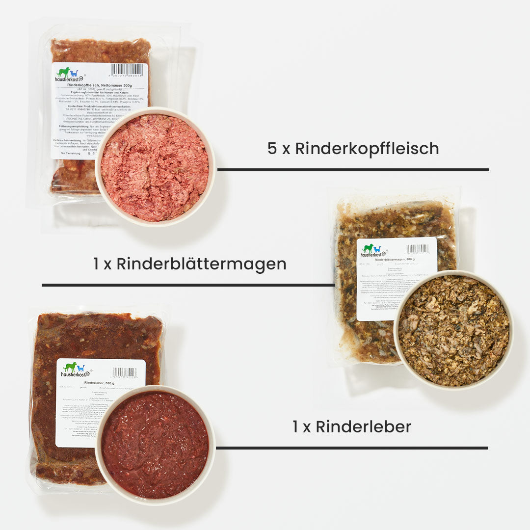 Paket Hund Aktiv mit 15 kg Hundefutter, bestehend aus Rindermischfleisch, Rinderpansen, Rindermuskelfleisch, Rinderkopffleisch, Rind-Komplett, Rinderpansen-Mix, Truthahnfleisch, Rinderleber und Rinderblättermagen.