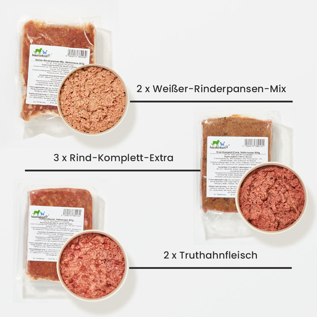 Paket Hund Aktiv, 15 kg, Hundefutter mit Rindermischfleisch, Rinderpansen, Rindermuskelfleisch, Weißer-Rinderpansen-Mix, Truthahn und Rinderleber.