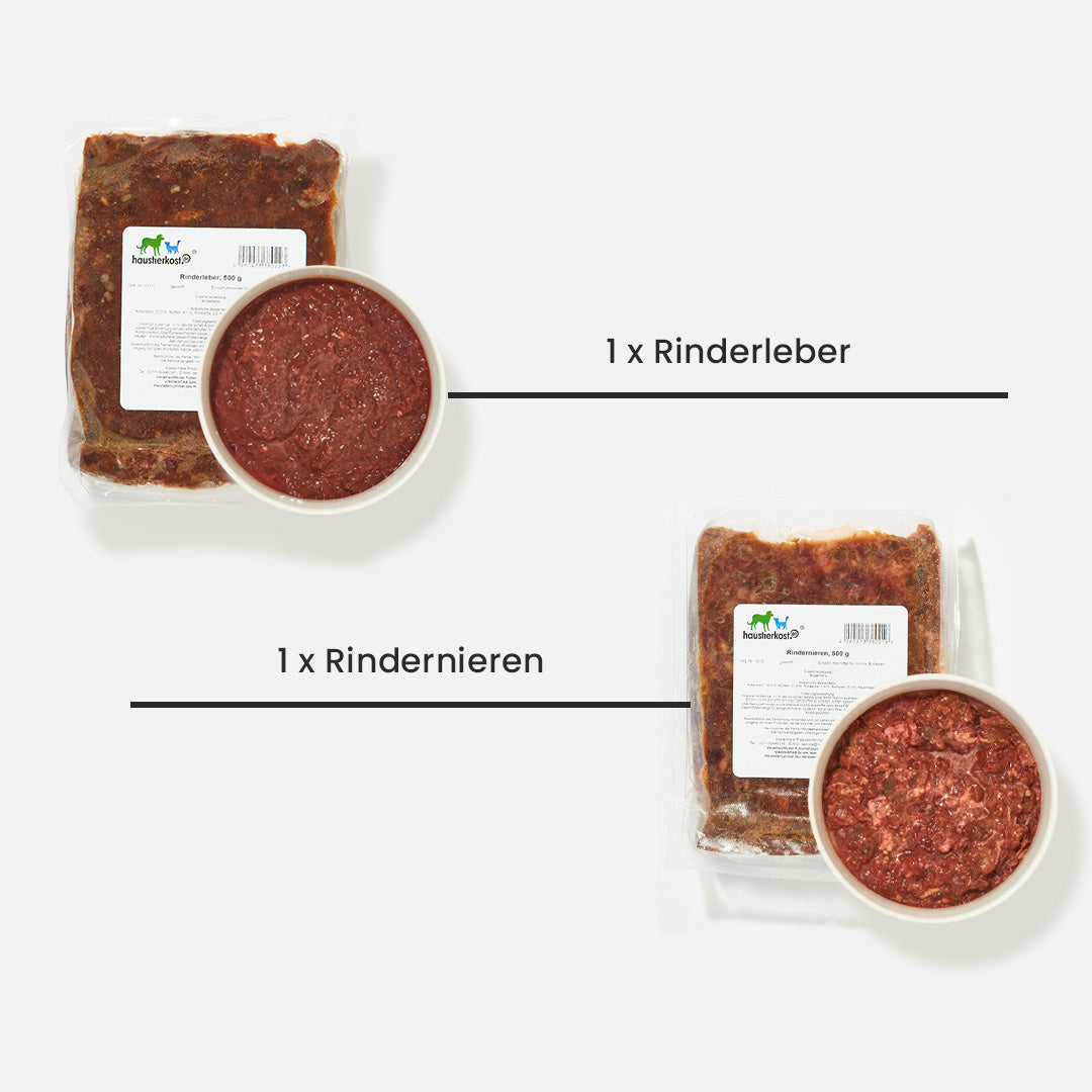 Paket Hund Übergewicht mit 15 kg gemischtem rohem Rindfleisch, Rinderleber und Rindernieren in Portionspäckchen