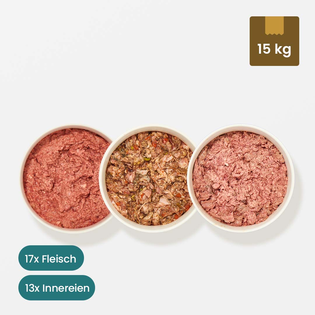 Paket Hund Übergewicht 15 kg mit 17 Portionen Fleisch und 13 Portionen Innereien für Hunde