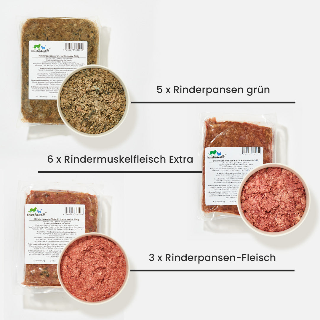 Paket Hund Übergewicht mit 6x Rindermuskelfleisch, 5x Rinderpansen grün und 3x Rinderpansen-Fleisch je 500g.