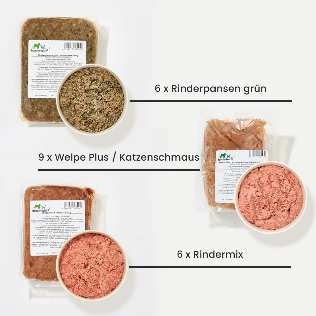 Paket Hund Welpe mit 15 kg Hundefutter, inklusive Welpe Plus, Rinderpansen grün und Rindermix in 500g Verpackungen.