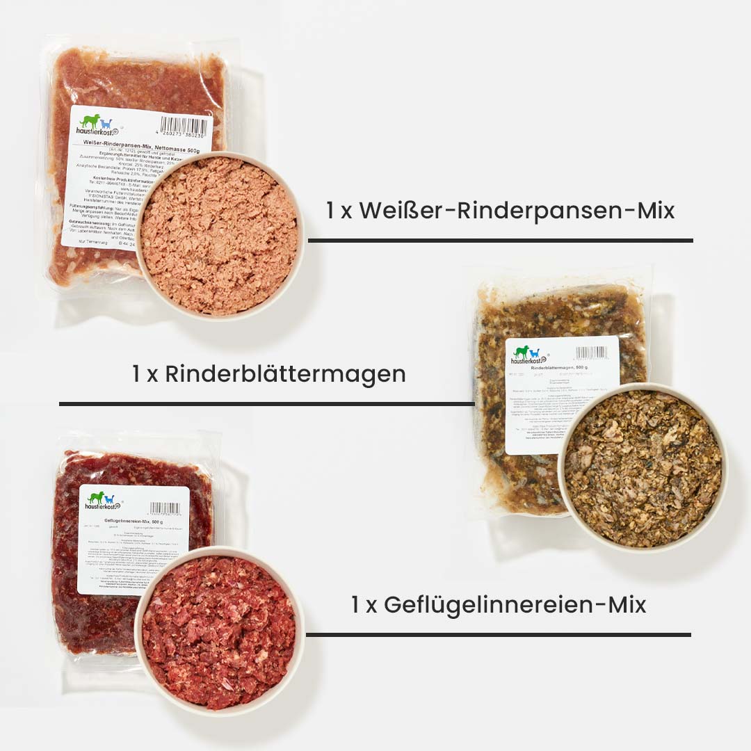Paket Hund Ausgewachsen, Inhalt 15 kg, mit Rinderpansen, Rindermuskelfleisch, Rindermix und Geflügelinnereien.