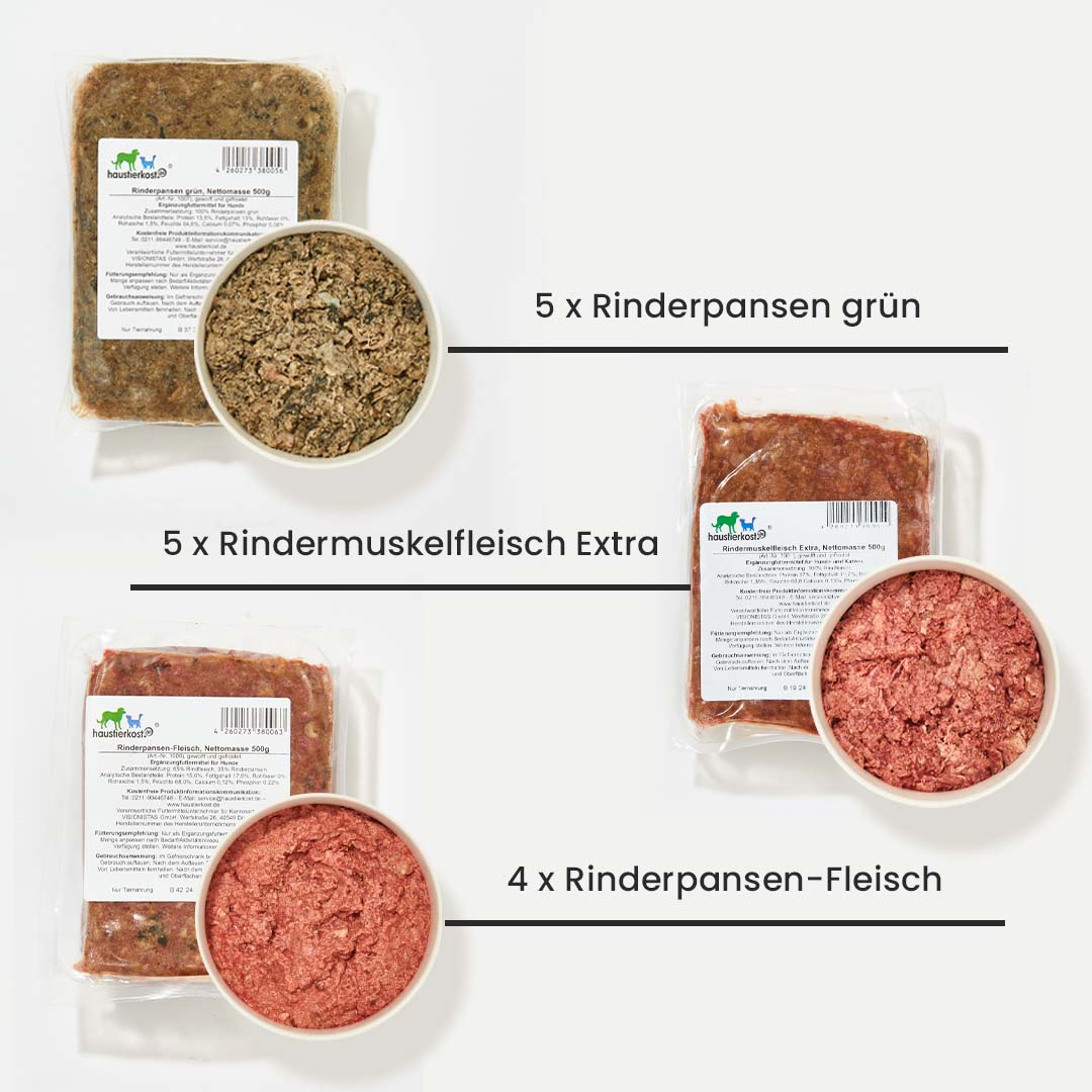 Paket Hund Ausgewachsen, 15 kg Inhalt, verschiedene Rind- und Geflügelprodukte in 500 g Päckchen.