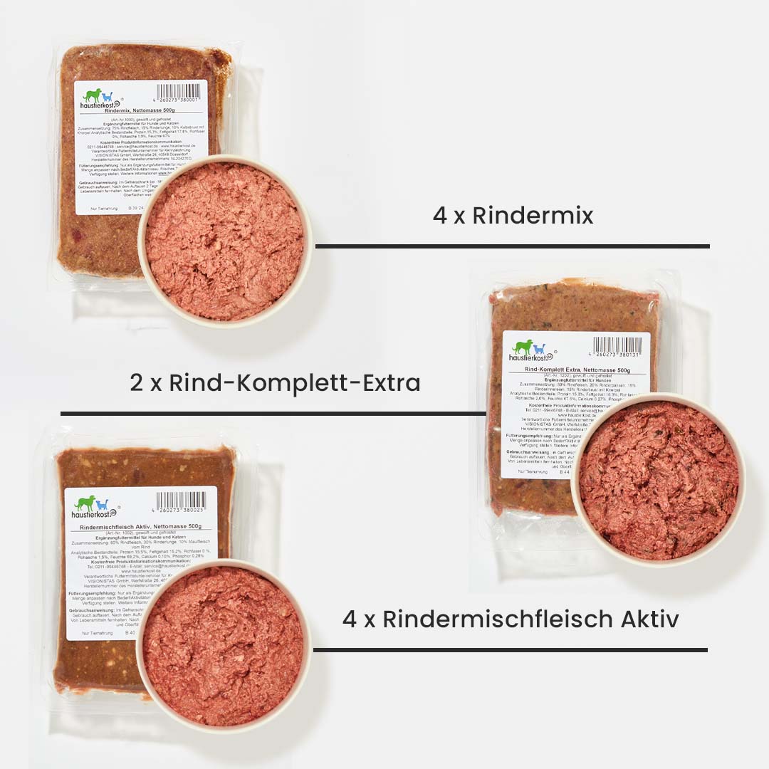 Paket Hund Ausgewachsen 15 kg mit Rindermix, Rind-Komplett Extra und Rindermischfleisch Aktiv.