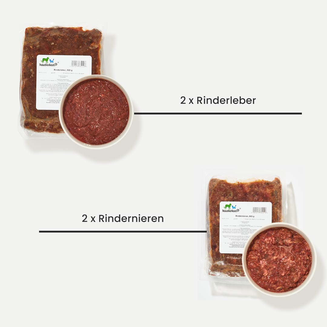 Paket für ältere Hunde mit 15 kg Inhalt, bestehend aus Rindermuskelfleisch, Rindermix, Rinderpansen, Senior Spezial, Truthahnfleisch, Rinderleber, Rindernieren, Rinderblättermagen, Geflügelinnereien und Lammmischung.