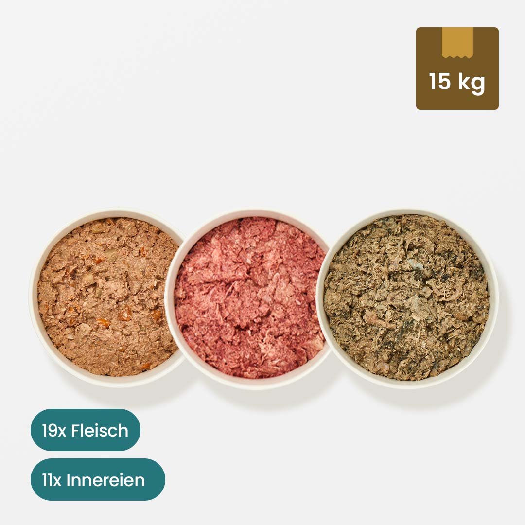 Paket Hund Senior 15 kg, beinhaltet Rindermuskelfleisch, Rindermix, Rinderpansen, Senior Spezial, Truthahnfleisch, Rinderleber, Rindernieren, Rinderblättermagen, Geflügelinnereien-Mix, Lammmischung.
