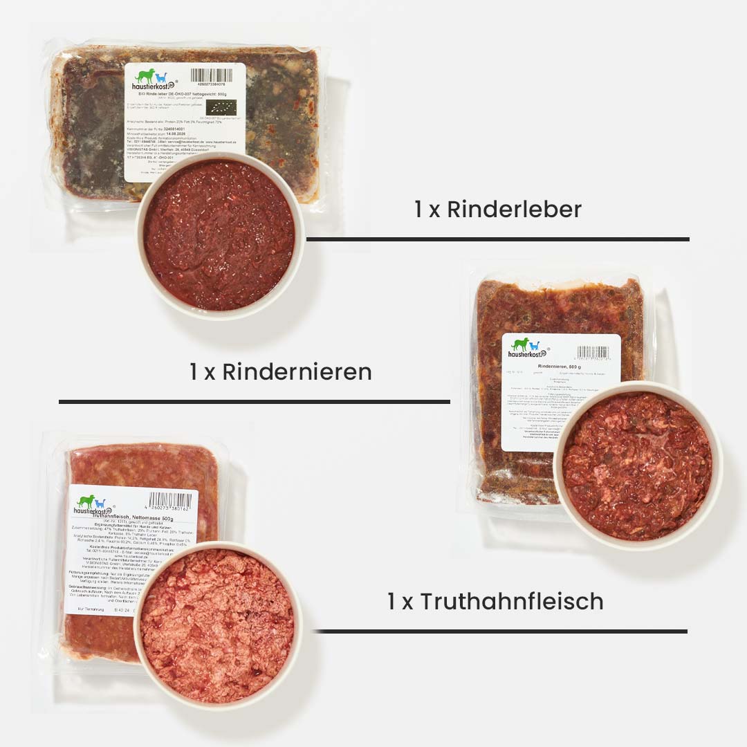 Produktbild des "Paket Hund Senior" mit 15 kg Inhalt, bestehend aus Rinderleber, Rindernieren und Truthahnfleisch in vakuumverpackten Beuteln.