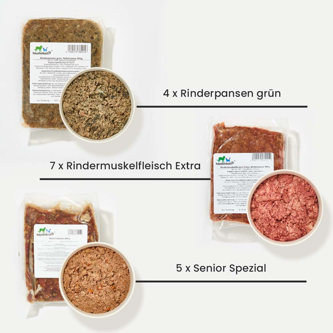 Paket Hund Senior 15 kg mit Rindermuskelfleisch, Rindermix, Rinderpansen und Senior Spezial.