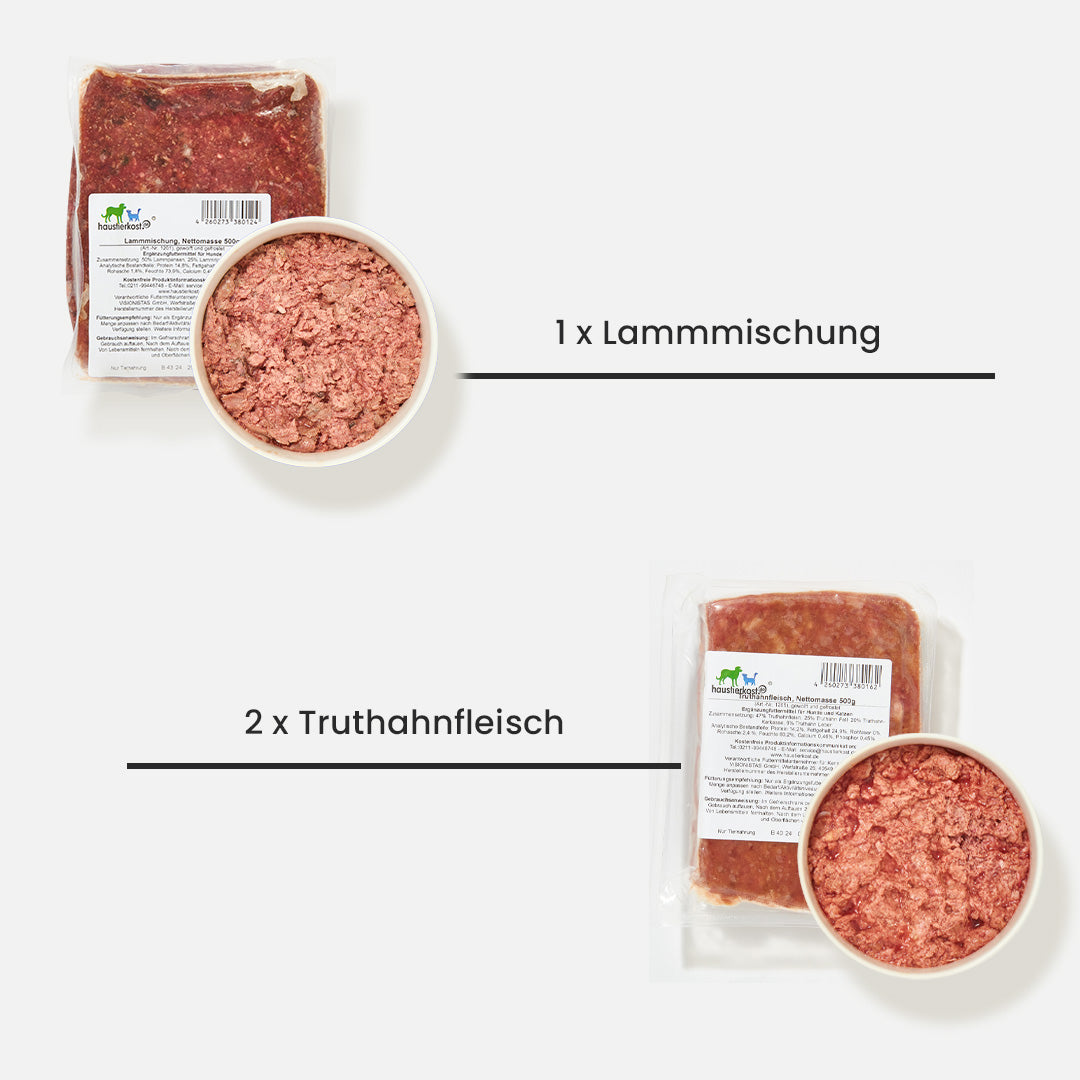 Paket Hund Senior 15 kg, Lammmischung und Truthahnfleisch Verpackung.