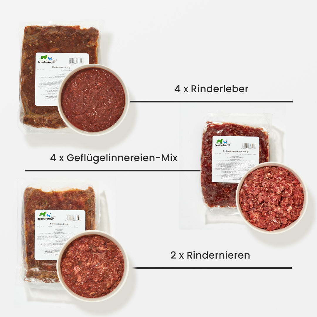 Paket Katze Übergewicht 15 kg mit Rinderleber, Geflügelinnereien-Mix und Rindernieren.