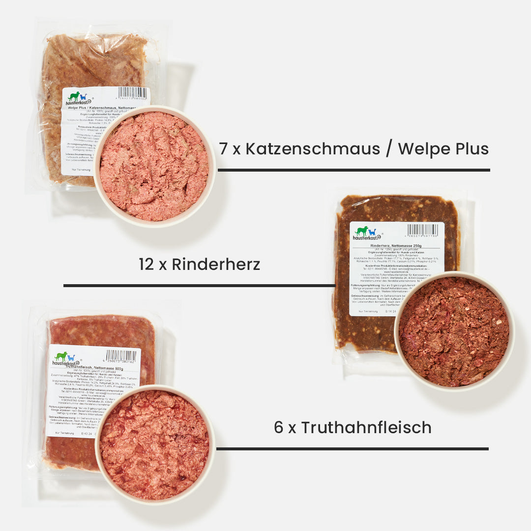 Paket Katze Übergewicht, 15 kg, enthält Katzenschmaus, Truthahnfleisch, Thunfischfilet, Rinderleber, Rindernieren, Rinderherz, Geflügelinnereien-Mix, Wildfleischwürfel, Rentierfleisch.
