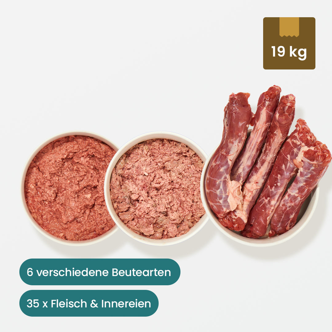 Schlemmer Paket HUND 19 kg mit 6 Fleisch- und Innereienarten für Hunde