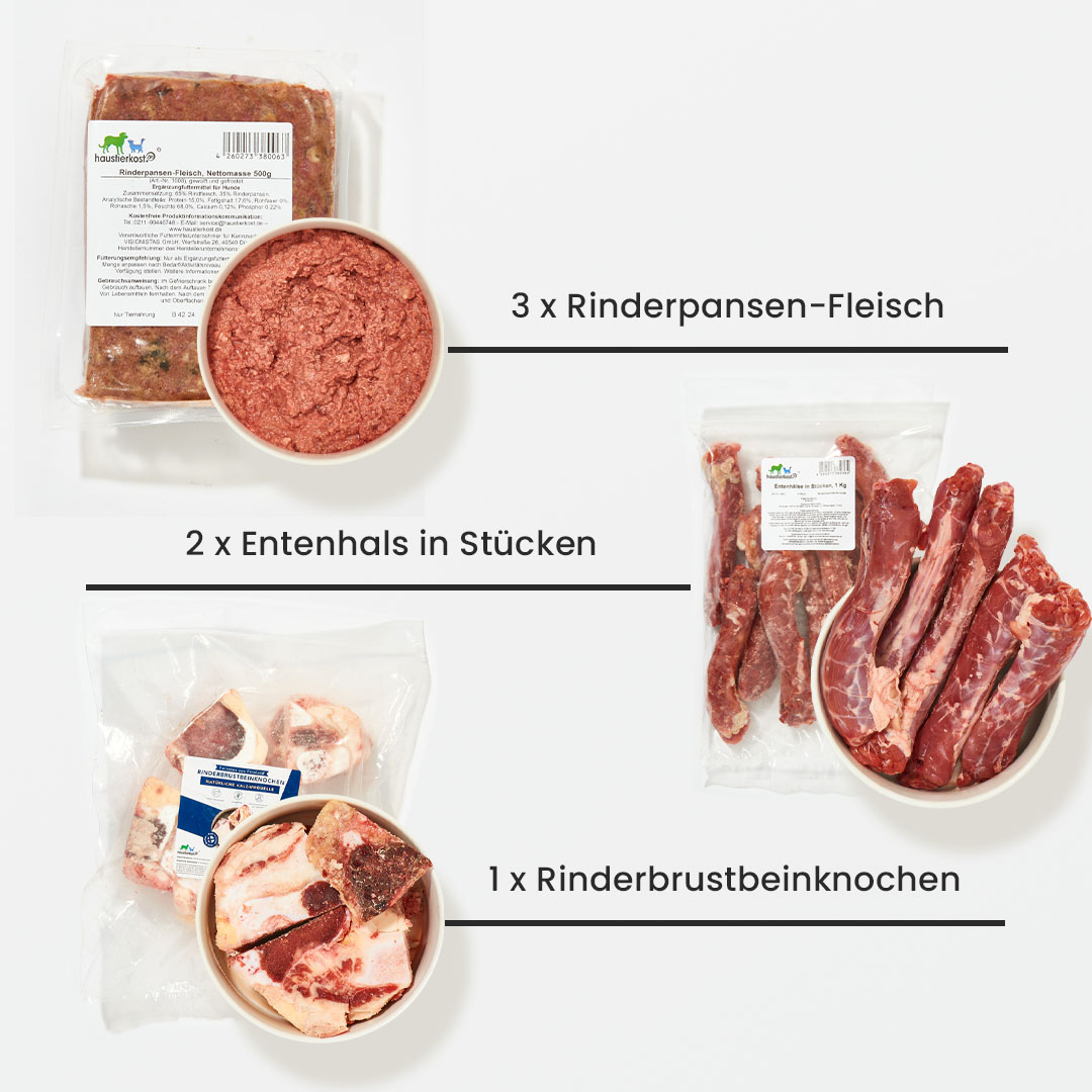 Schlemmer Paket HUND mit Rinderpansen, Entenhalsstücken und Rinderbrustbeinknochen, 19 kg Hunde-Fleischmix