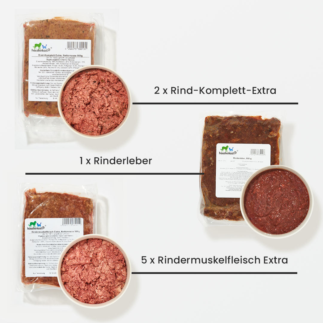 Schlemmer Paket Hund 18,6 kg mit Rind-Komplett Extra, Rinderleber und Rindermuskelfleisch Extra in Portionen verpackt