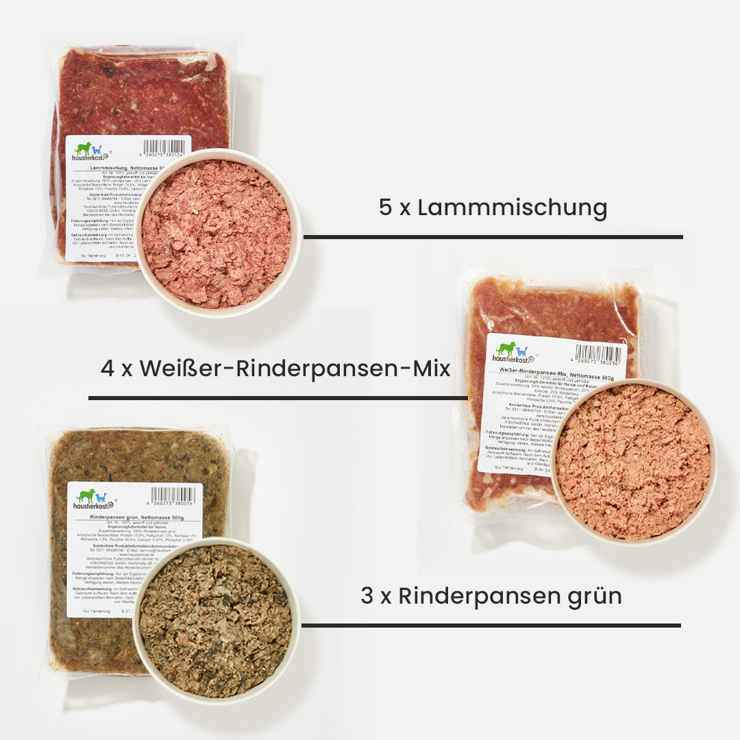 Schlemmer Paket Hund 18,6 kg mit Lammmischung, Weißer-Rinderpansen-Mix und grünem Rinderpansen in Portionspackungen
