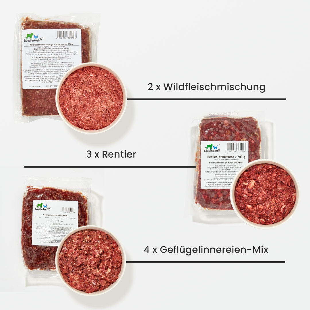 Schlemmer Paket Hund mit Rentier, Wildfleischmischung und Geflügelinnereien-Mix in Portionspackungen