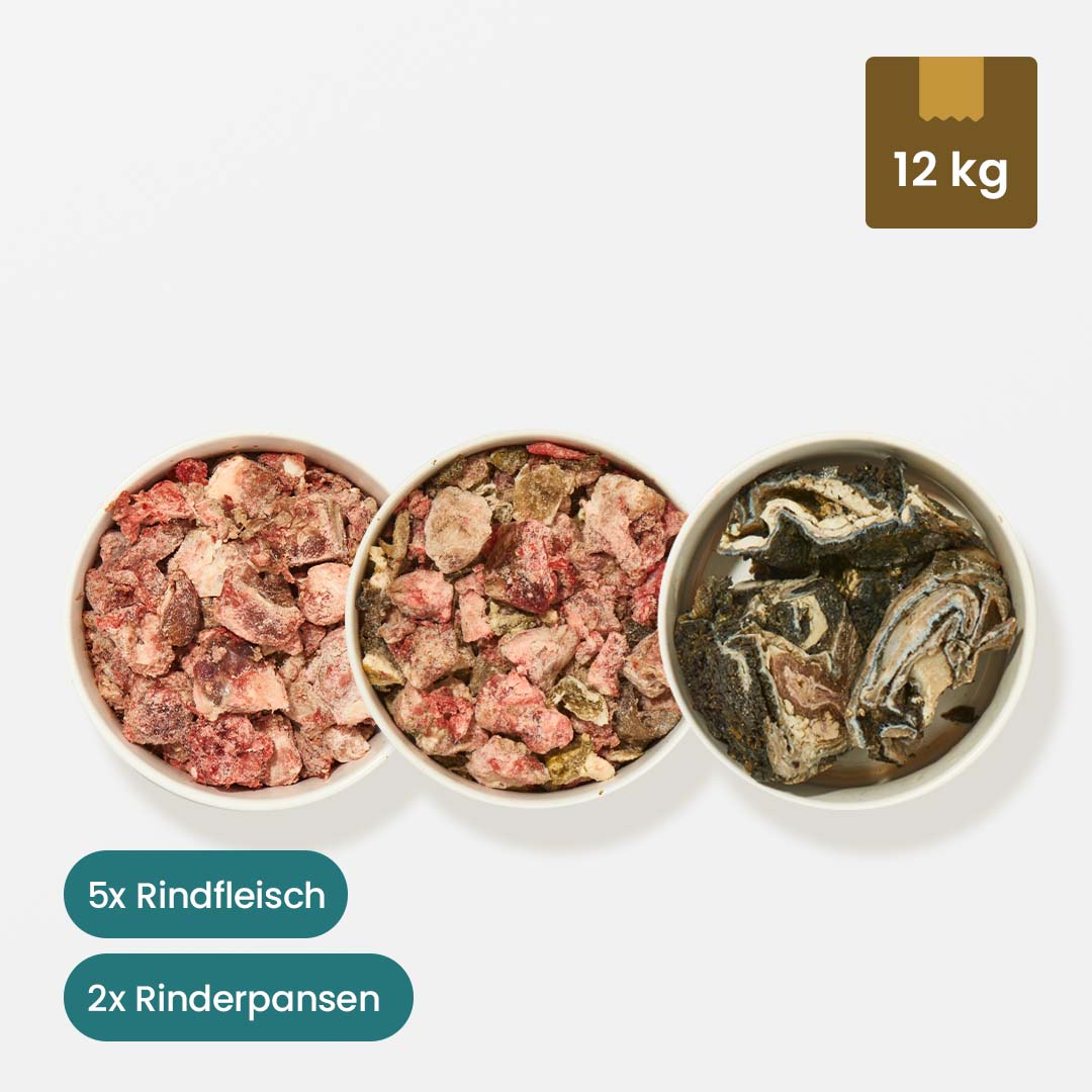 HAPPEN-Paket 12 kg gefrorenes Rindfleisch und Rinderpansen Hundefutter Mix in Schalen