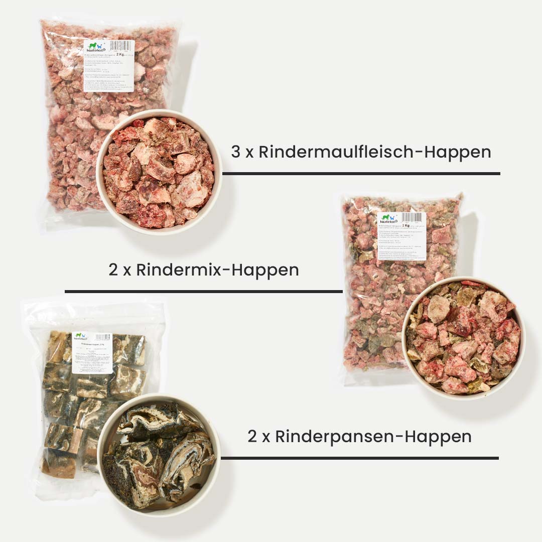HAPPEN-Paket mit 12 kg gefrorenen Rindermaulfleisch-, Rindermix- und Rinderpansen-Happen als nährstoffreiches Hundefutter